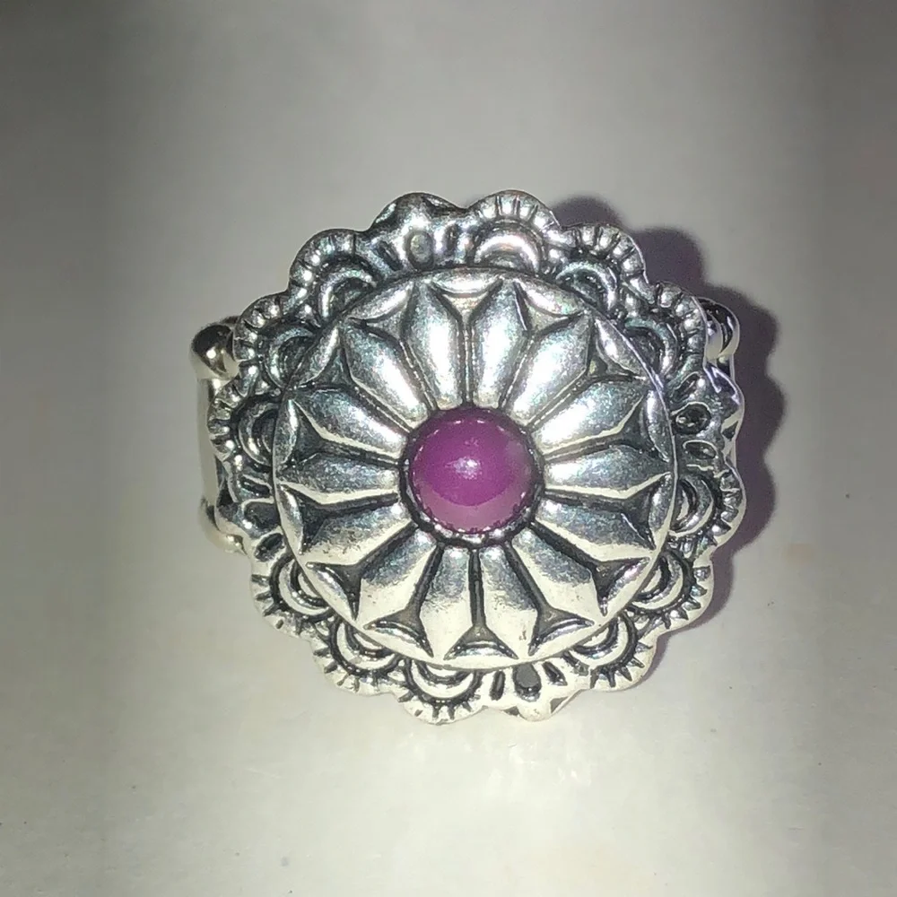 Silver Tone Floral Medallion Ring with Purple Center